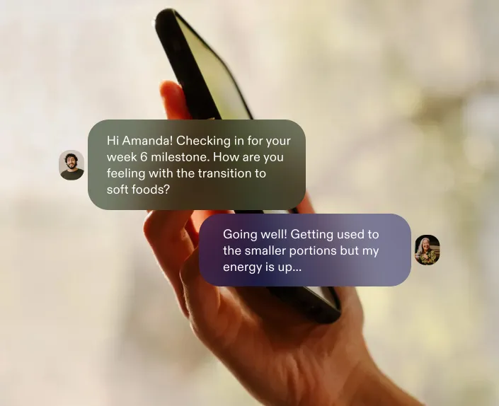 Text message conversation between two people discussing their progress after ESG procedure