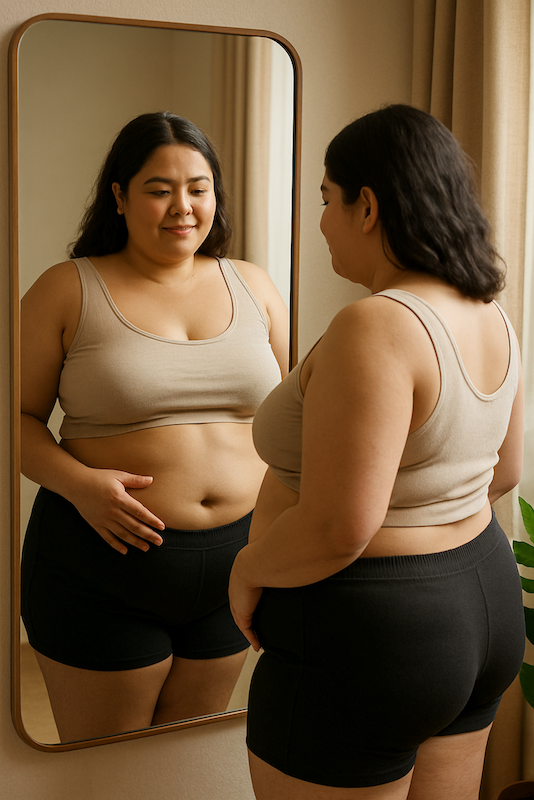 A woman stands before a mirror looking at the scars on her lower abdomen from recent weight-loss procedure.