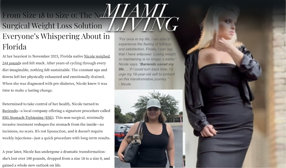 Everself patient transformation from size 18 to size 0 after ESG non-surgical weight loss, featured in Miami Living Magazine
