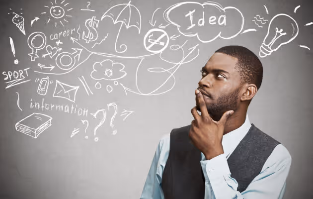 Man in a vest thinking, surrounded by various doodles representing ideas and concepts.