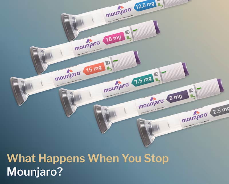 Six Mounjaro canisters in varying doses from 2.5 to 15 mg, arranged together on a blue gradient background and a caption that reads  "What Happens When You Stop Mounjaro?