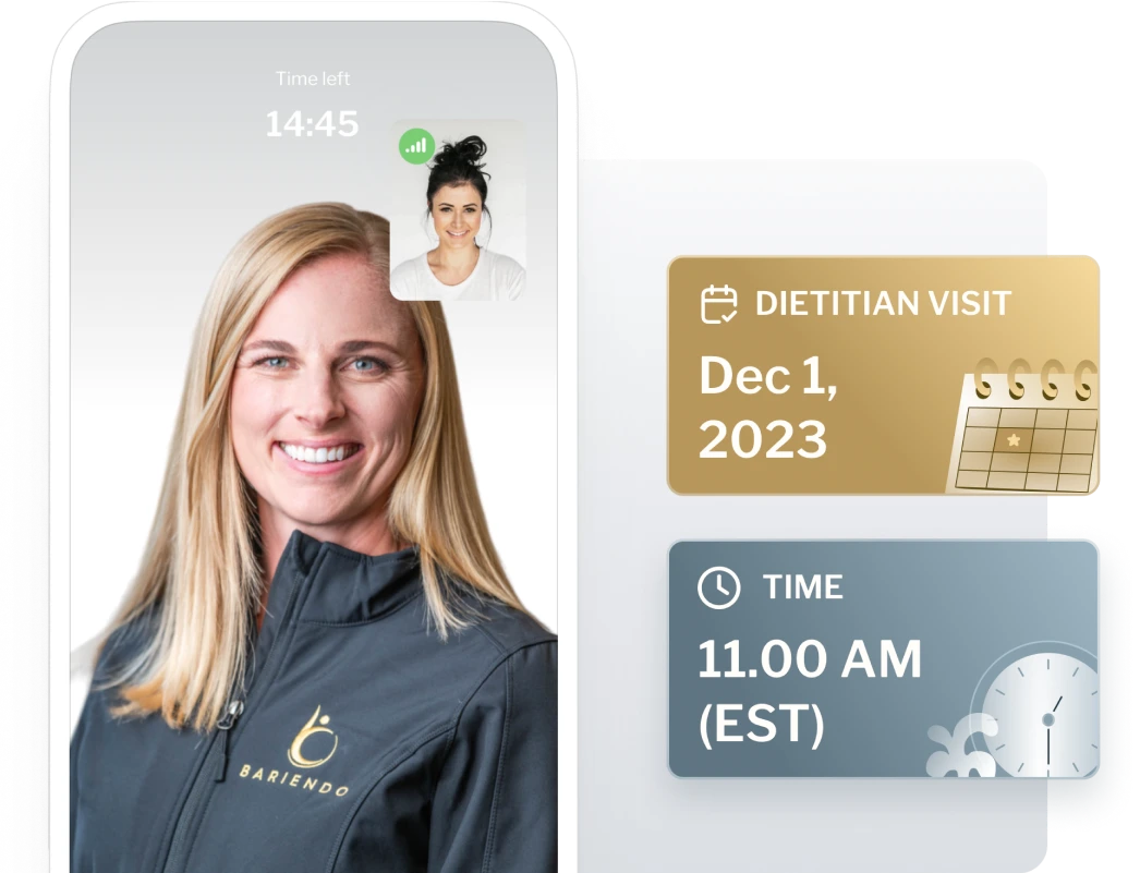 Una ilustración de una visita virtual previa al procedimiento con un dietista registrado de Bariendo