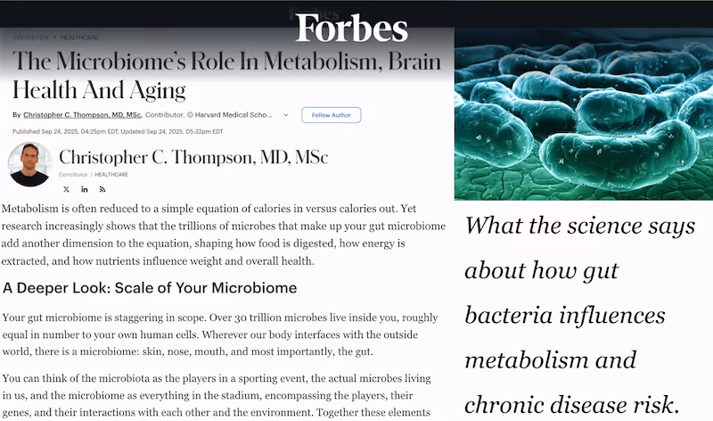 Forbes article on how the gut microbiome affects metabolism, brain health, aging, and chronic disease risk.