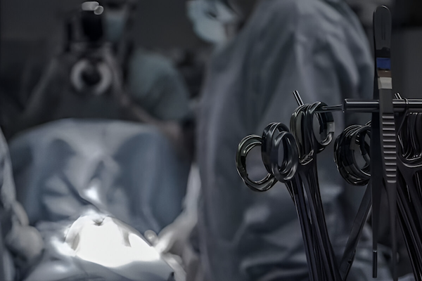 Sterile surgical instruments in a modern operating room.