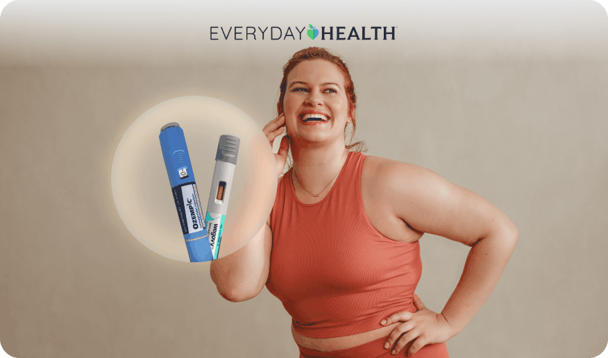 Smiling woman with two GLP-1 semaglutide injector pens