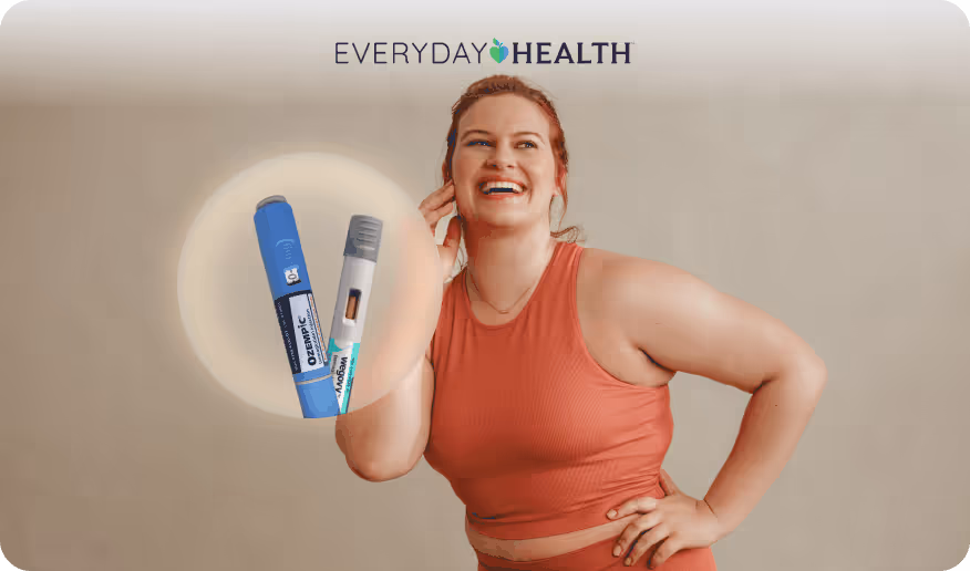 Smiling woman with two GLP-1 semaglutide injector pens