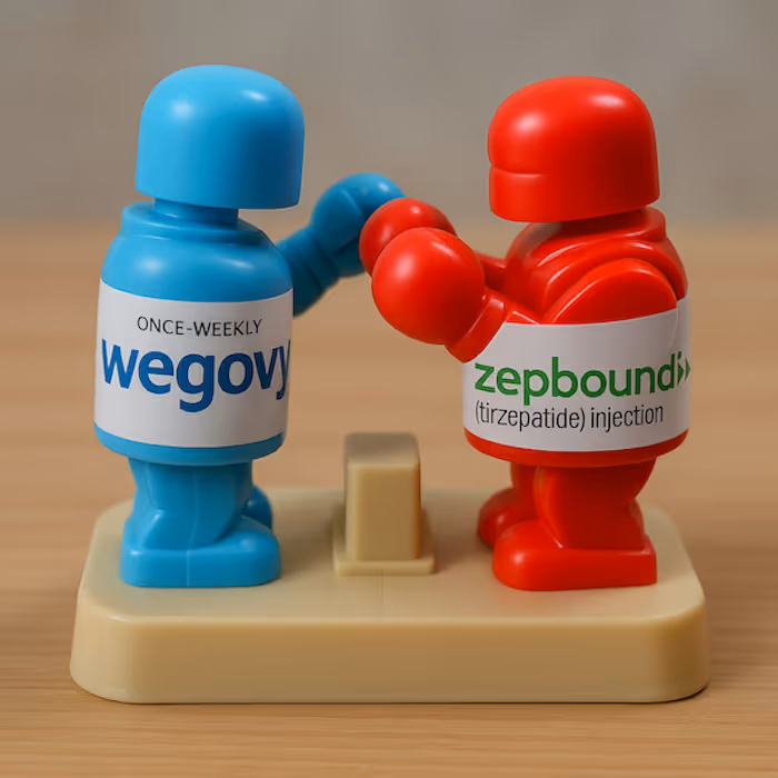 Toy boxing match between Wegovy (blue) and Zepbound (red) figures, symbolizing a head-to-head comparison