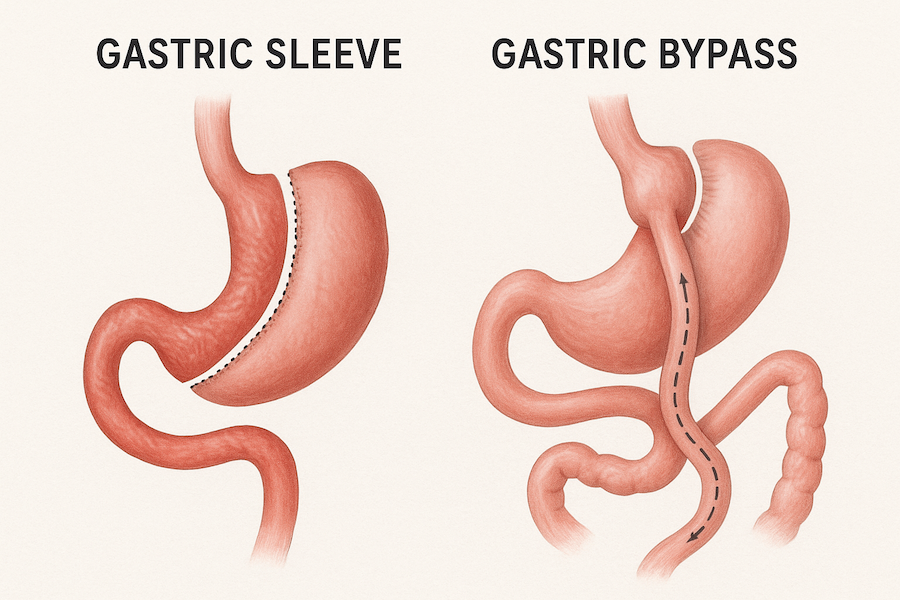 Diagrams of sleeve gastrectomy and gastric bypass surgeries