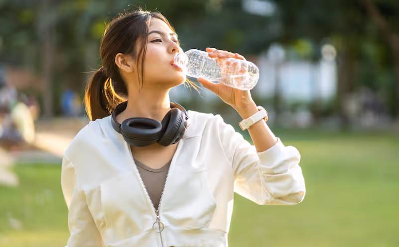 Mujer bebiendo agua en un parque mientras lleva auriculares alrededor del cuello, simbolizando elecciones de estilo de vida saludable.